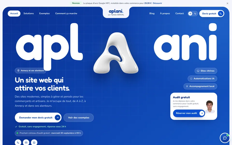 La page d’accueil d’aplani.fr : « Un site web qui attire vos clients. »