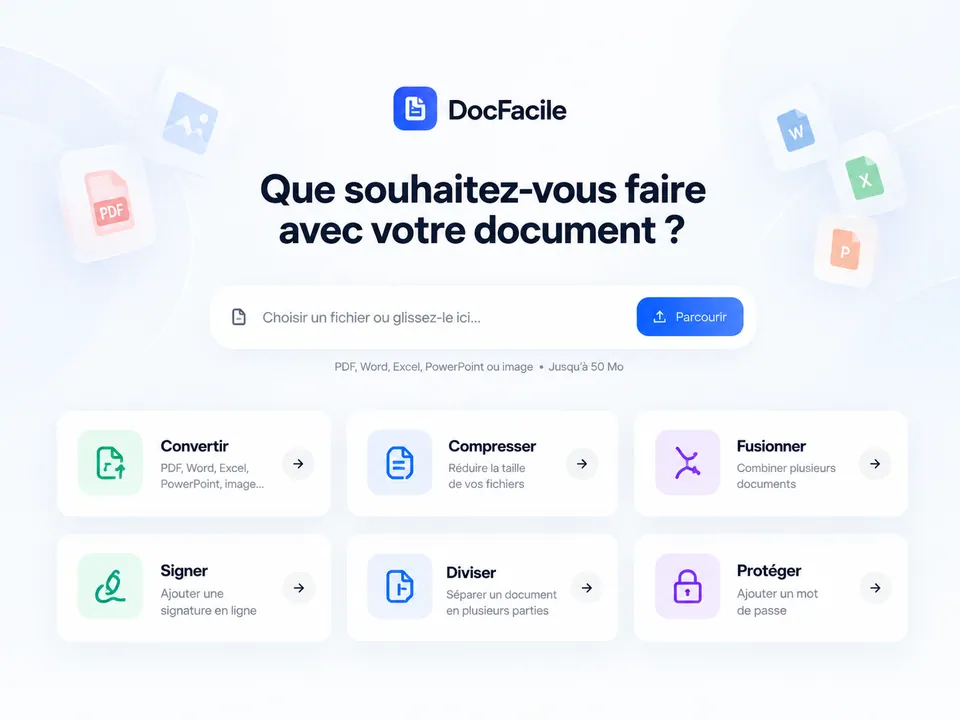 Aperçu de DocFacile : « Que souhaitez-vous faire avec votre document ? » suivi des outils Convertir, Compresser, Fusionner, Signer, Diviser et Protéger.
