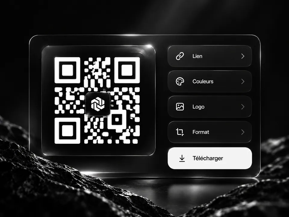 Aperçu du générateur de QR codes Integrythm : un QR code et ses réglages Lien, Couleurs, Logo et Format.